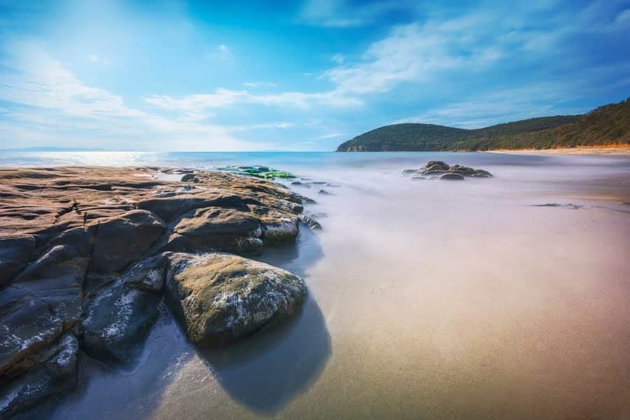 zonnig strand, zee en bos in de verte